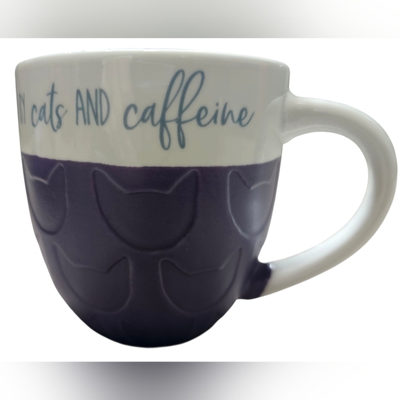 Pfaltzgraff Purple and White Large Cat Mug. "Motivated By Cats And Caffeine" New - Picture 3 of 5